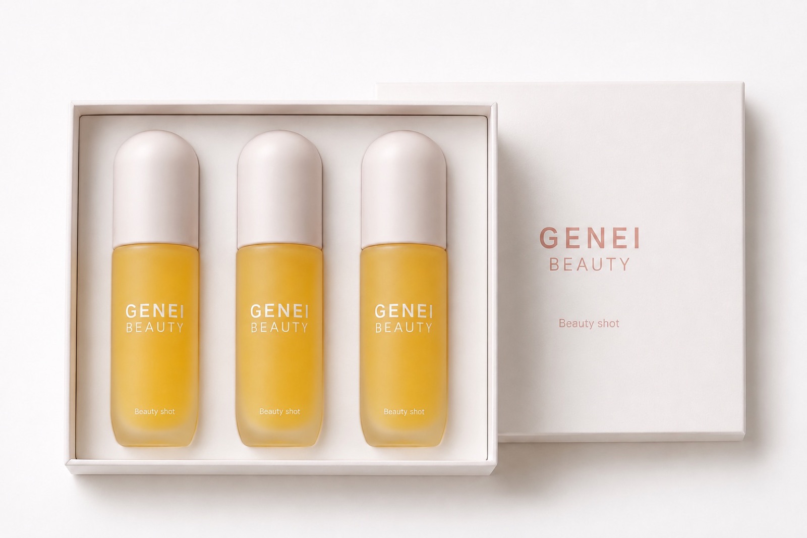 白いギフトボックスに並んだGENEI BEAUTY 3本セット