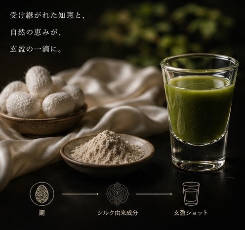 繭とシルク由来成分のパウダー、玄盈ショットの静物 ─ BORN FROM SILK