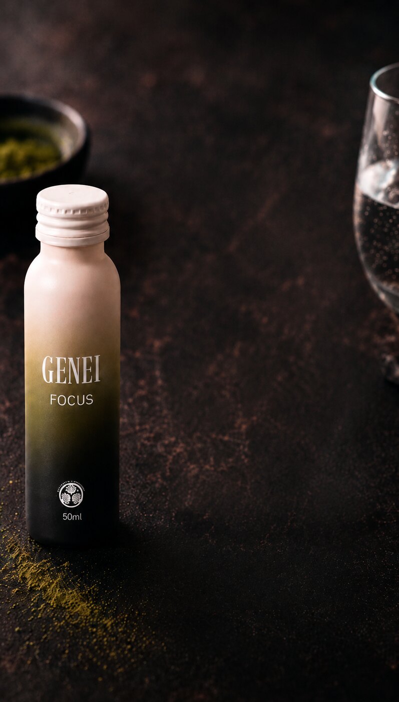 抹茶パウダーとグラスと並ぶGENEI FOCUSボトル