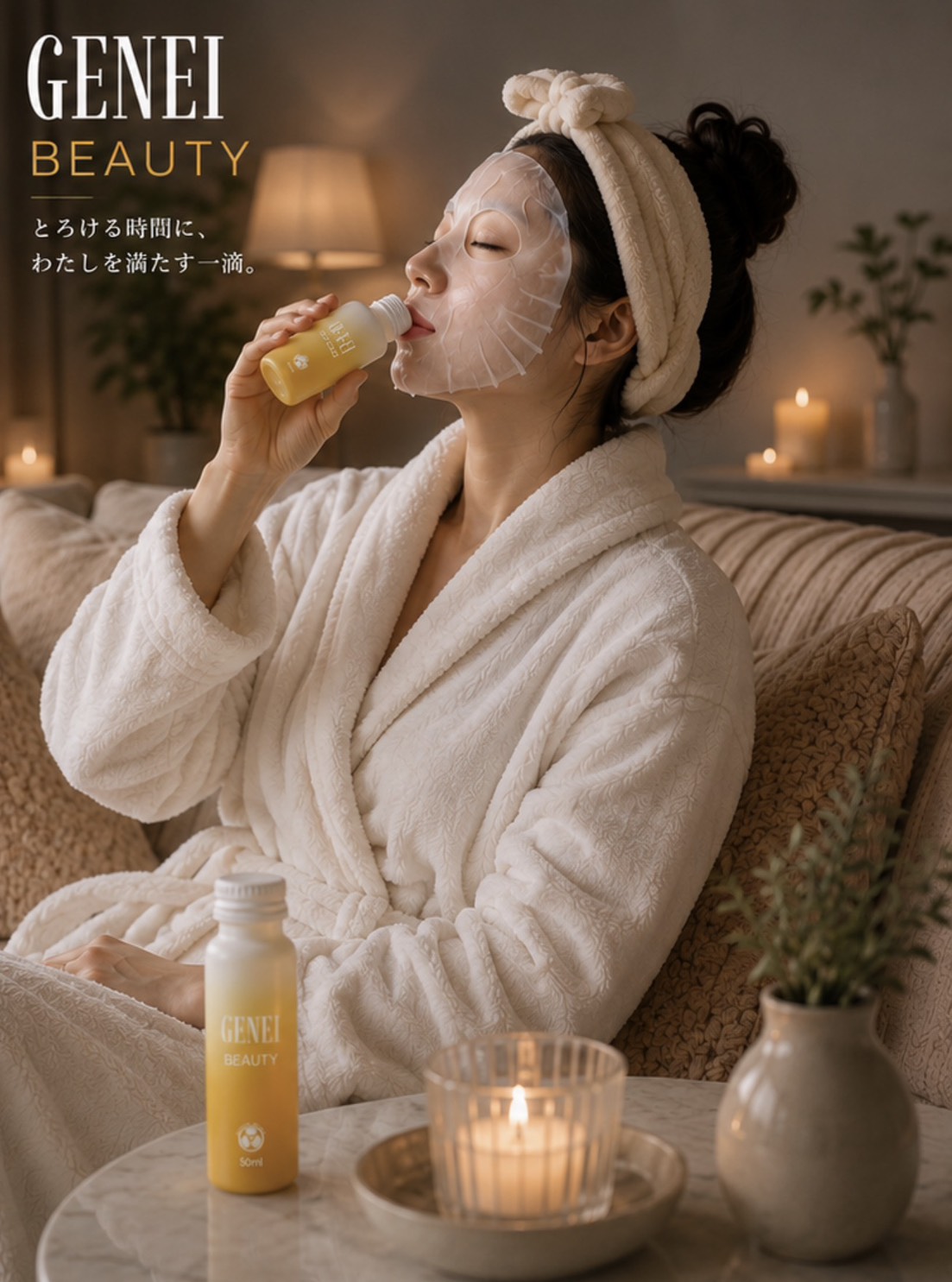 夜のスキンケアタイムにGENEI BEAUTYを飲む女性