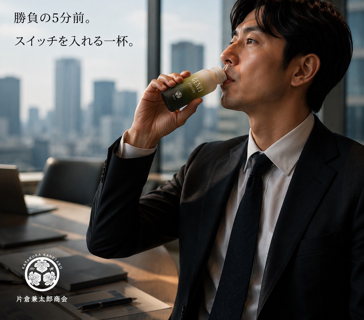 勝負の5分前、オフィスでGENEI FOCUSを飲むビジネスマン