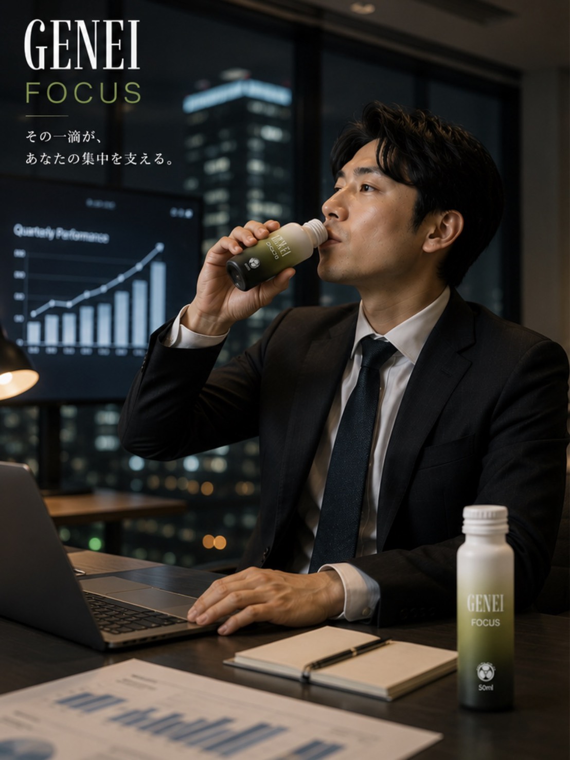 夜のオフィスでGENEI FOCUSを飲むビジネスマン
